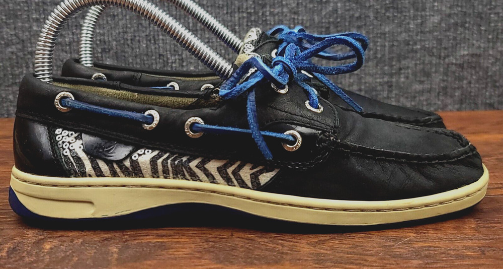 Sperry Top Sider Boat Shoes Womens 6.5 Black Leather Blue Trim Casual